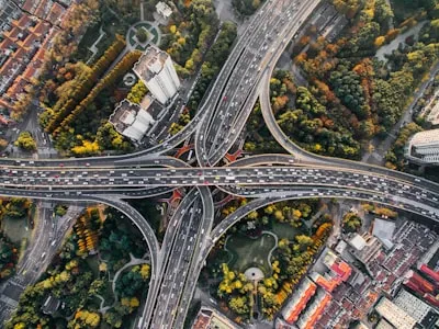Aerial view of congested highway interchange
